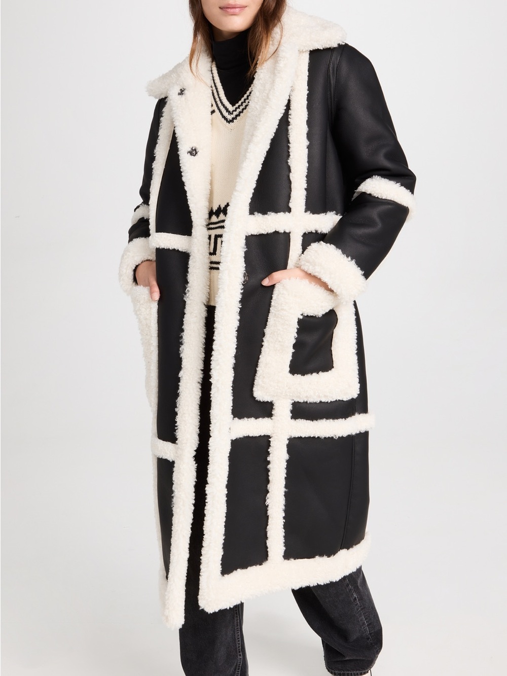 Stand Studio Patrice Faux Shearling Leather Coat Black White Size 38